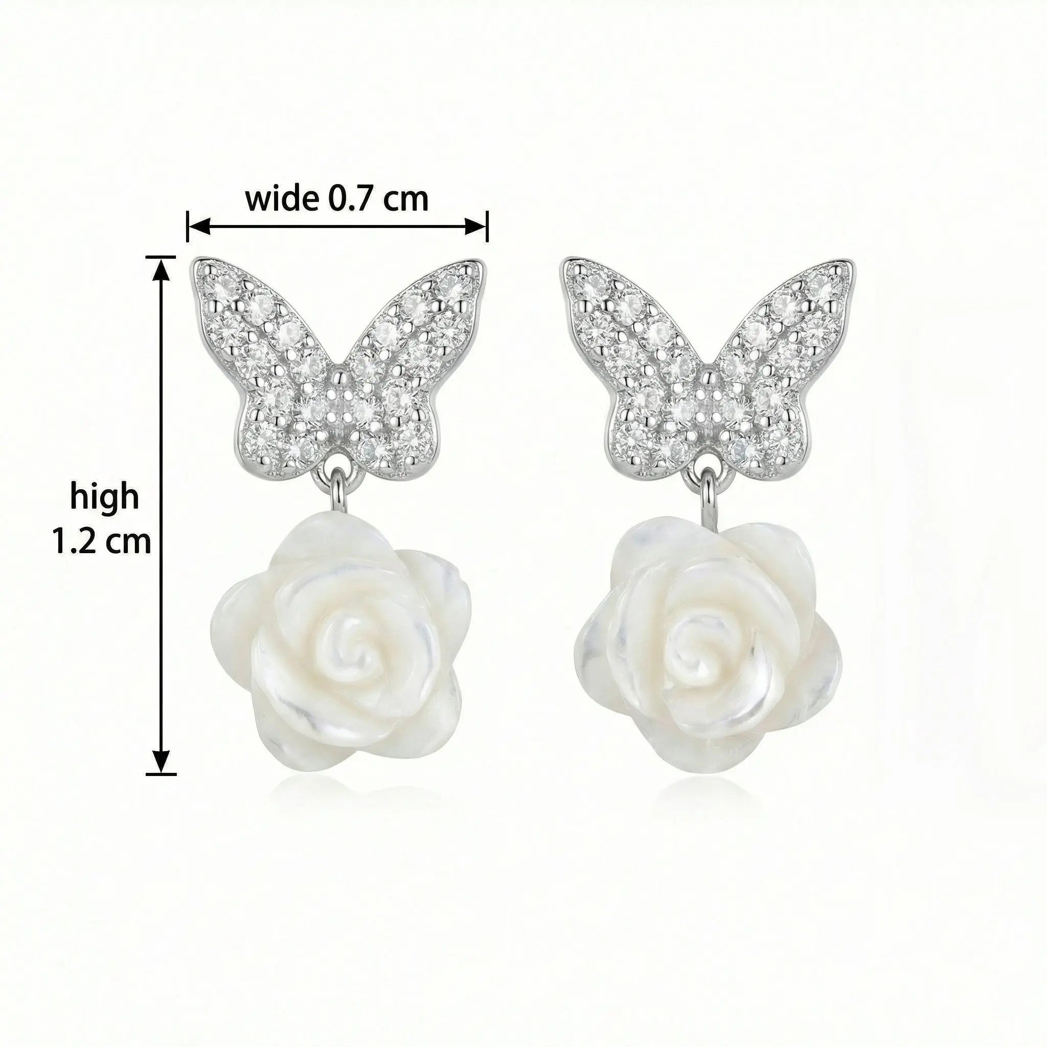 925 Sterling Silver Sparkling Butterfly and Elegant White Rose Mother-of-Pearl Drop Earrings