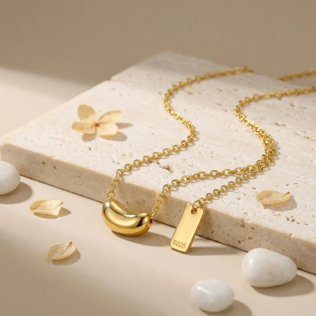 925 Sterling Silver Minimalist Sterling Silver Bean Pendant Necklace with Dainty Chain and S925 Hallmark Tag NP Collection