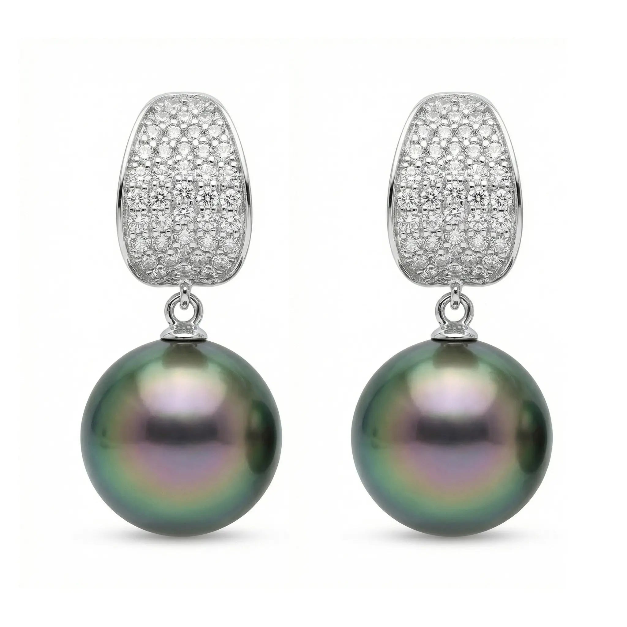 925 Sterling Silver Elegant Tahitian Pearl and CZ Dangle Earrings in Shimmering White Metal