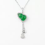 925 Sterling Silver Elegant Green Jadeite Gourd Pendant Necklace with Shimmering Diamond Halo and Charms NP Collection