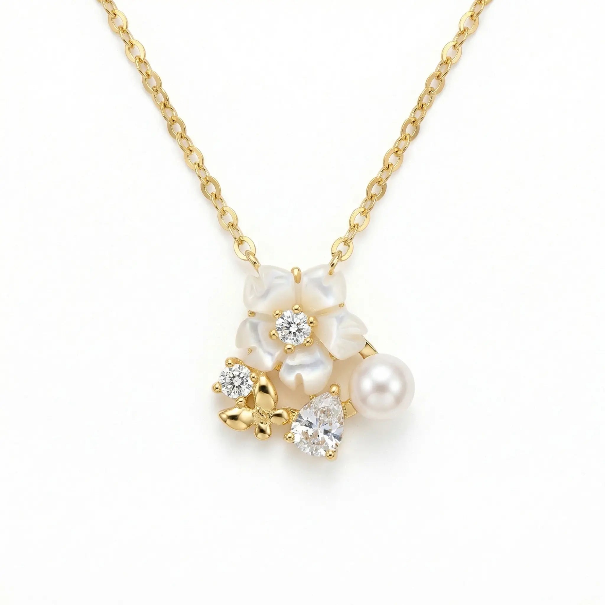 925 Sterling Silver Elegant Mother of Pearl Flower Pendant Necklace with Pearl and Butterfly Charm NP Collection
