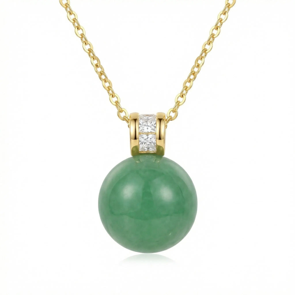 925 Sterling Silver Elegant Green Jadeite Sphere Pendant Necklace Featuring Brilliant Square Accents on a Fine Link Chain NP Collection