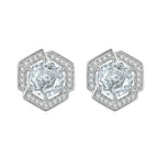 925 Sterling Silver Elegant Geometric Hexagon Stud Earrings with Round-Cut Center Stone and Pavé Halo