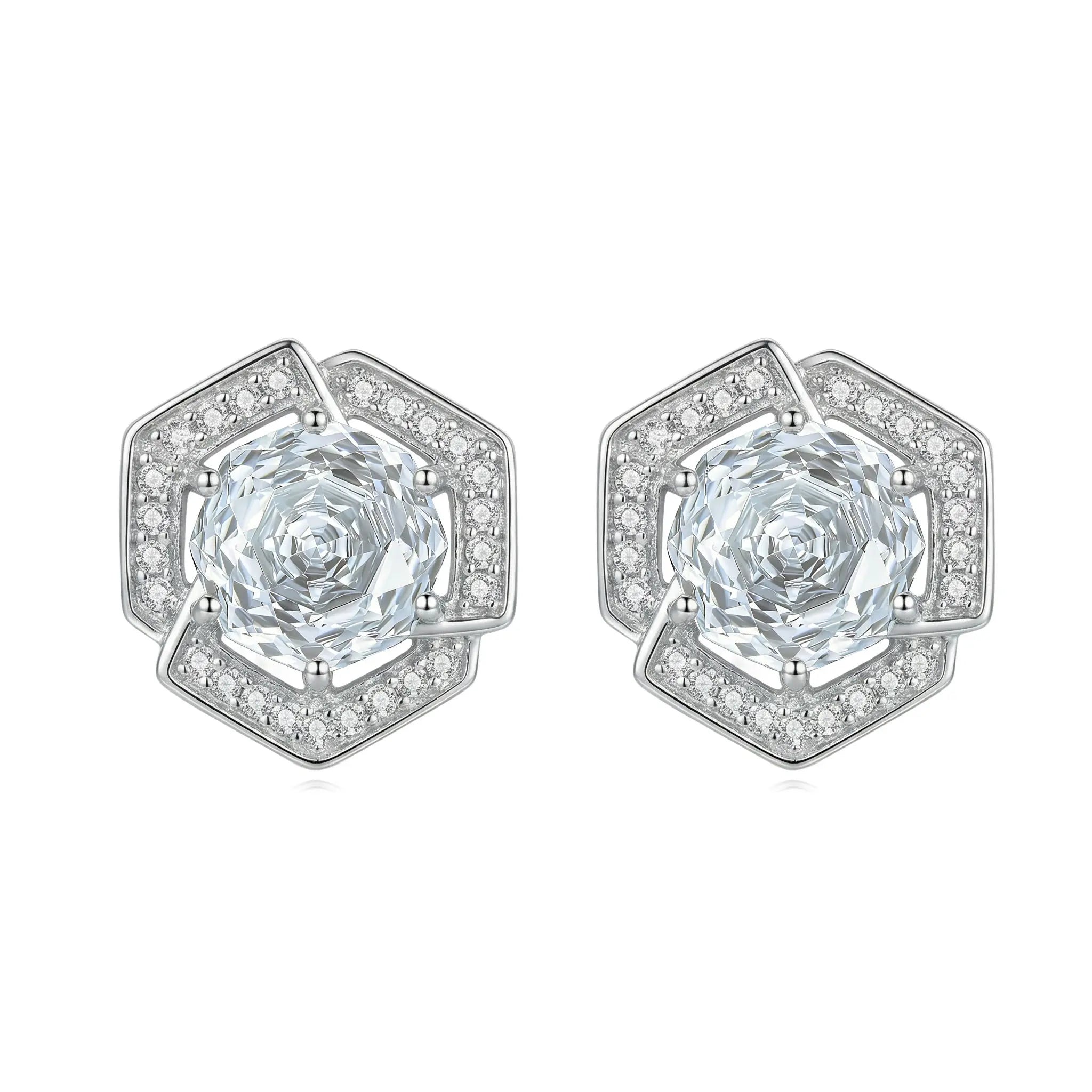 925 Sterling Silver Elegant Geometric Hexagon Stud Earrings with Round-Cut Center Stone and Pavé Halo