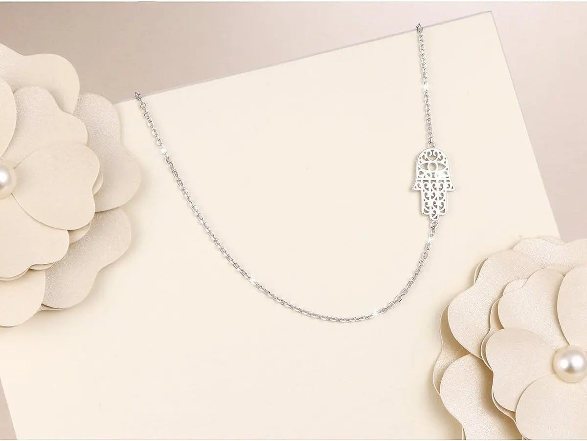 S925 Sterling Silver Jewelry Sideways Hamsa Hand Choker Necklace 14+4"
