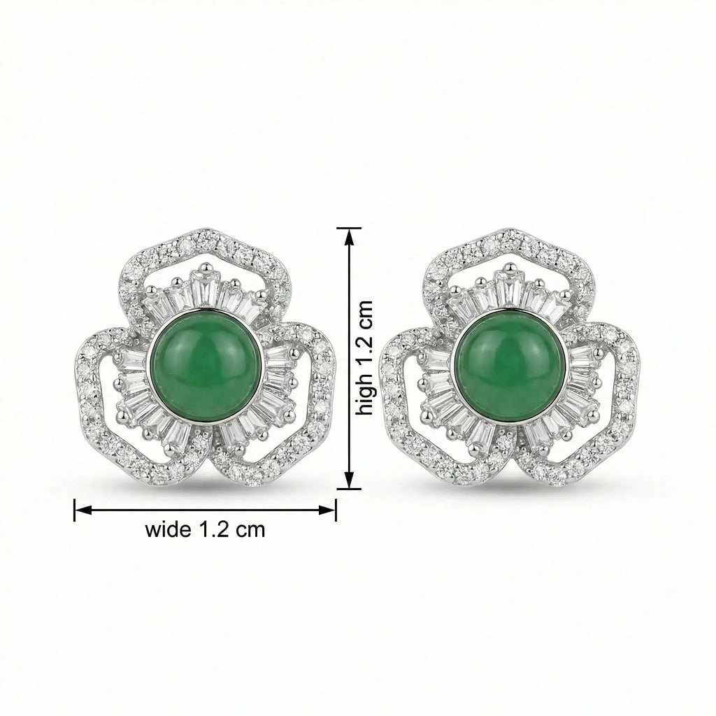 925 Sterling Silver Elegant Green Gemstone Flower Stud Earrings with Shimmering Baguette and Round Accents NP Collection