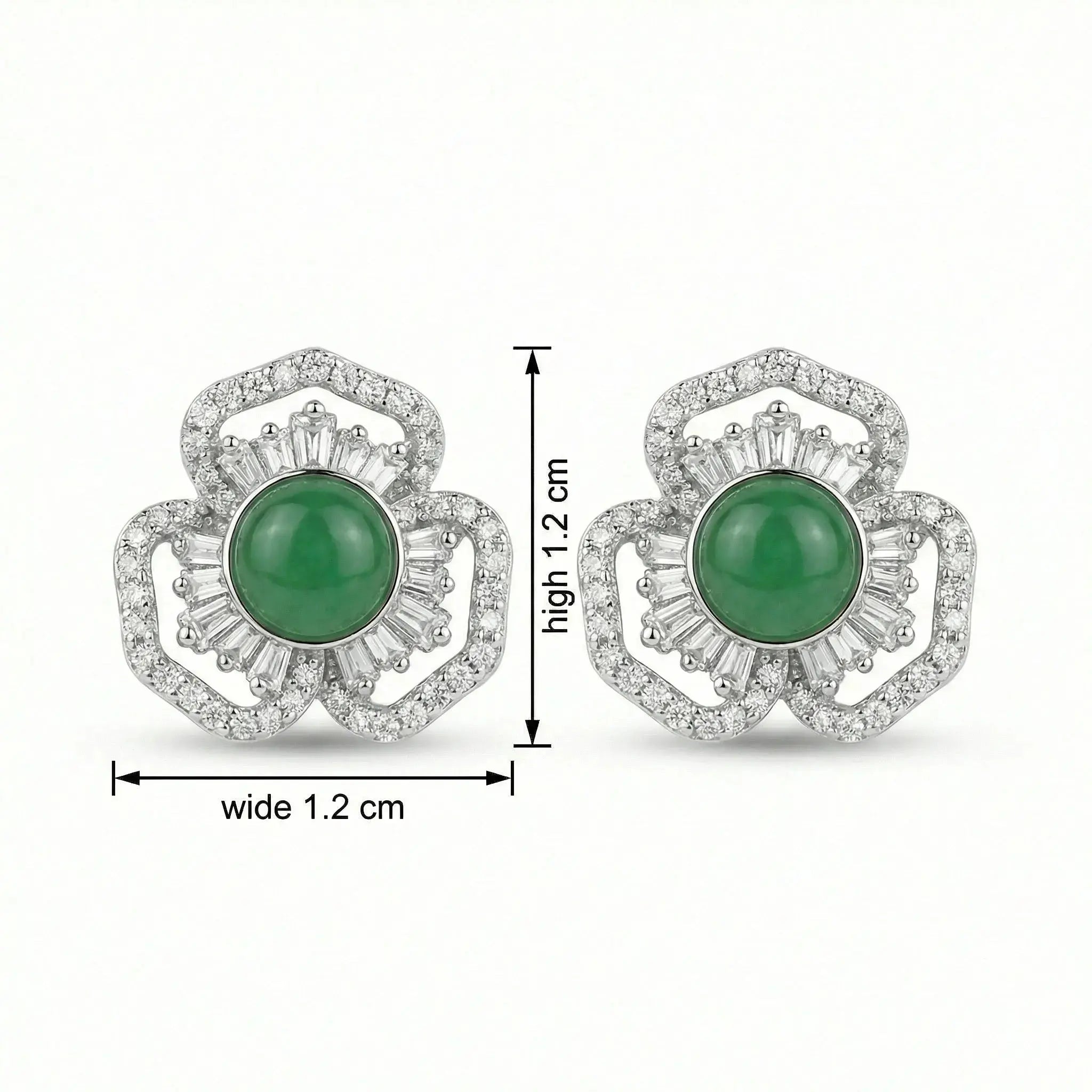 925 Sterling Silver Elegant Green Gemstone Flower Stud Earrings with Shimmering Baguette and Round Accents NP Collection