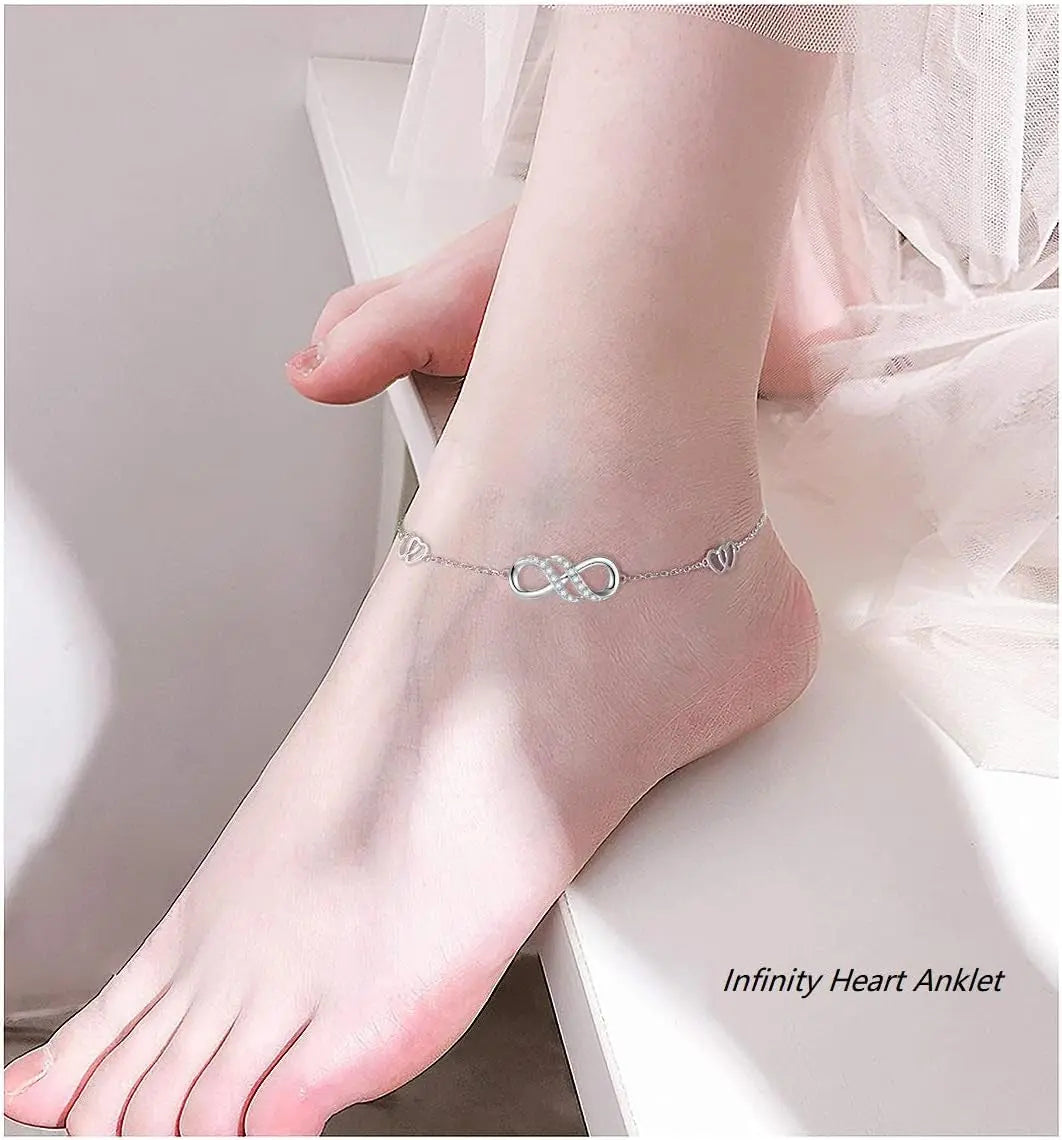 Double Infinity Anklet 925 Sterling Silver Adjustable Heart Ankle Bracelet Boho Beach Foot Chain 9+1 Inch