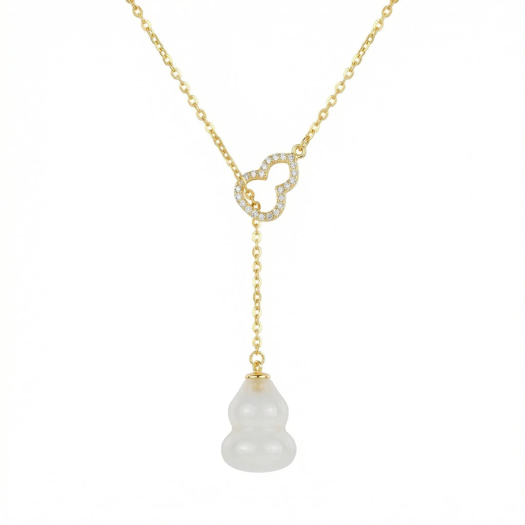 925 Sterling Silver Elegant White Jade Wulu Lariat Necklace with Diamond Pavé Accents NP Collection