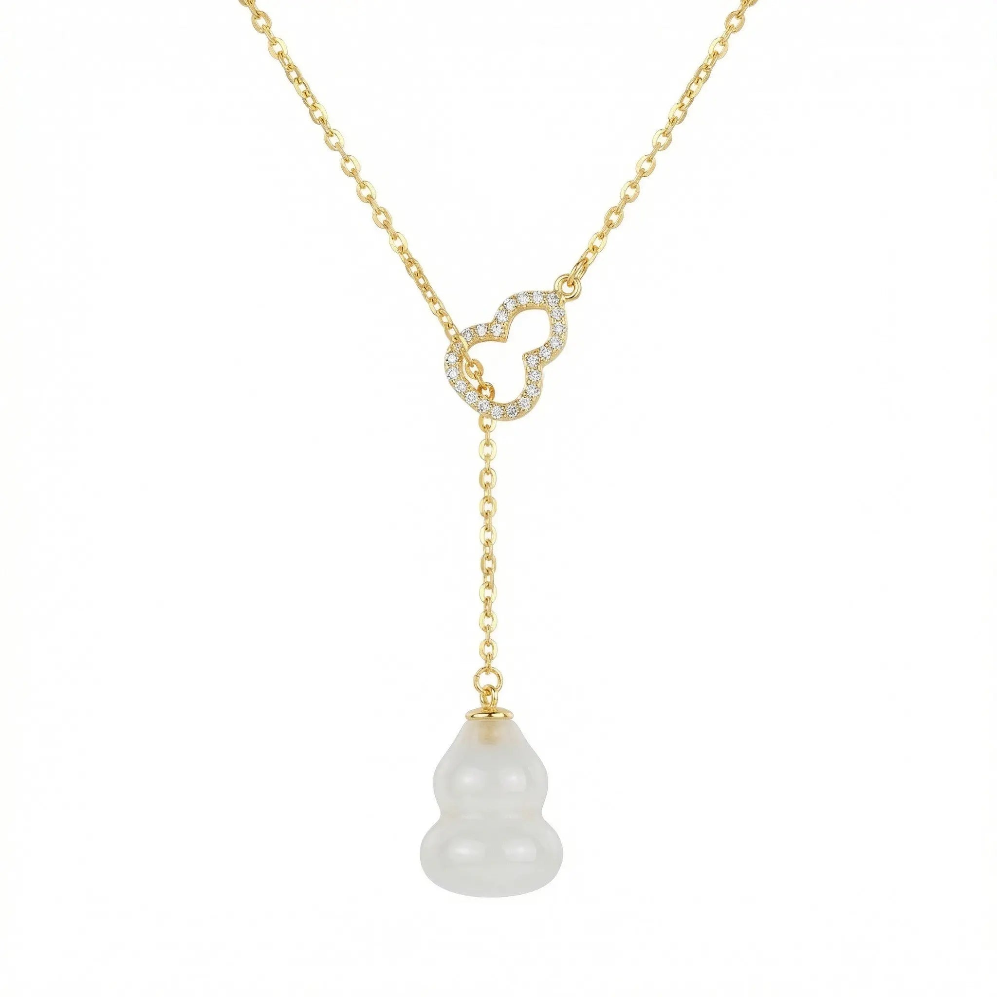 925 Sterling Silver Elegant White Jade Wulu Lariat Necklace with Diamond Pavé Accents NP Collection