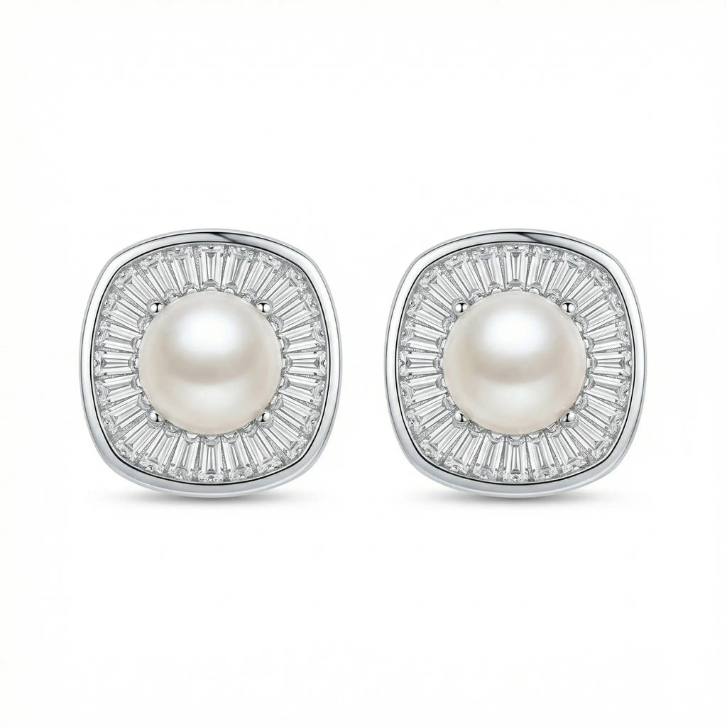 925 Sterling Silver Radiant Pearl and Tapered Baguette CZ Cushion Halo Stud Earrings