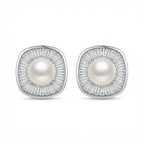 925 Sterling Silver Radiant Pearl and Tapered Baguette CZ Cushion Halo Stud Earrings