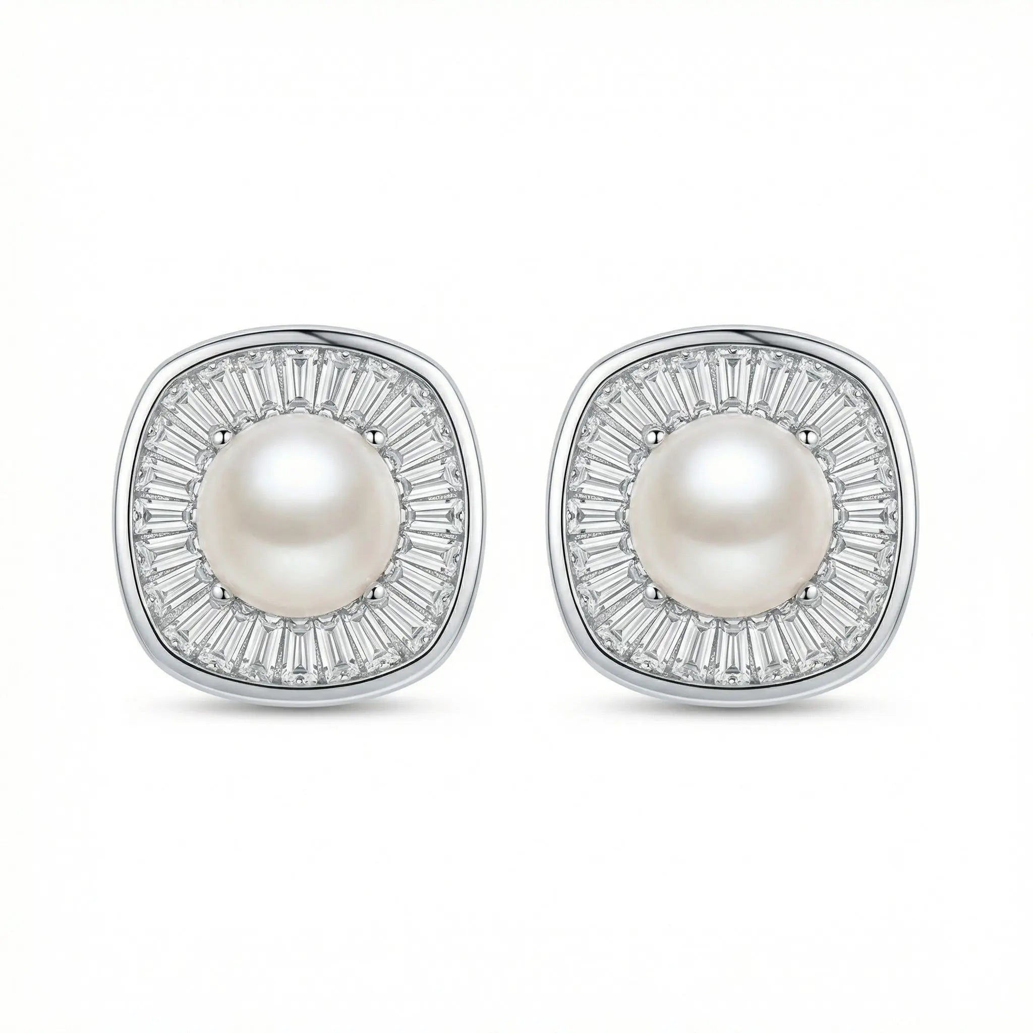 925 Sterling Silver Radiant Pearl and Tapered Baguette CZ Cushion Halo Stud Earrings