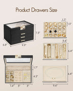 Jewelry Box Organizer for Women, 4-Layer Jewelry Storage Case with Glass Lid, Gold Handle, 3 Drawers for Rings, Earrings, Necklaces and Bracelets - Black