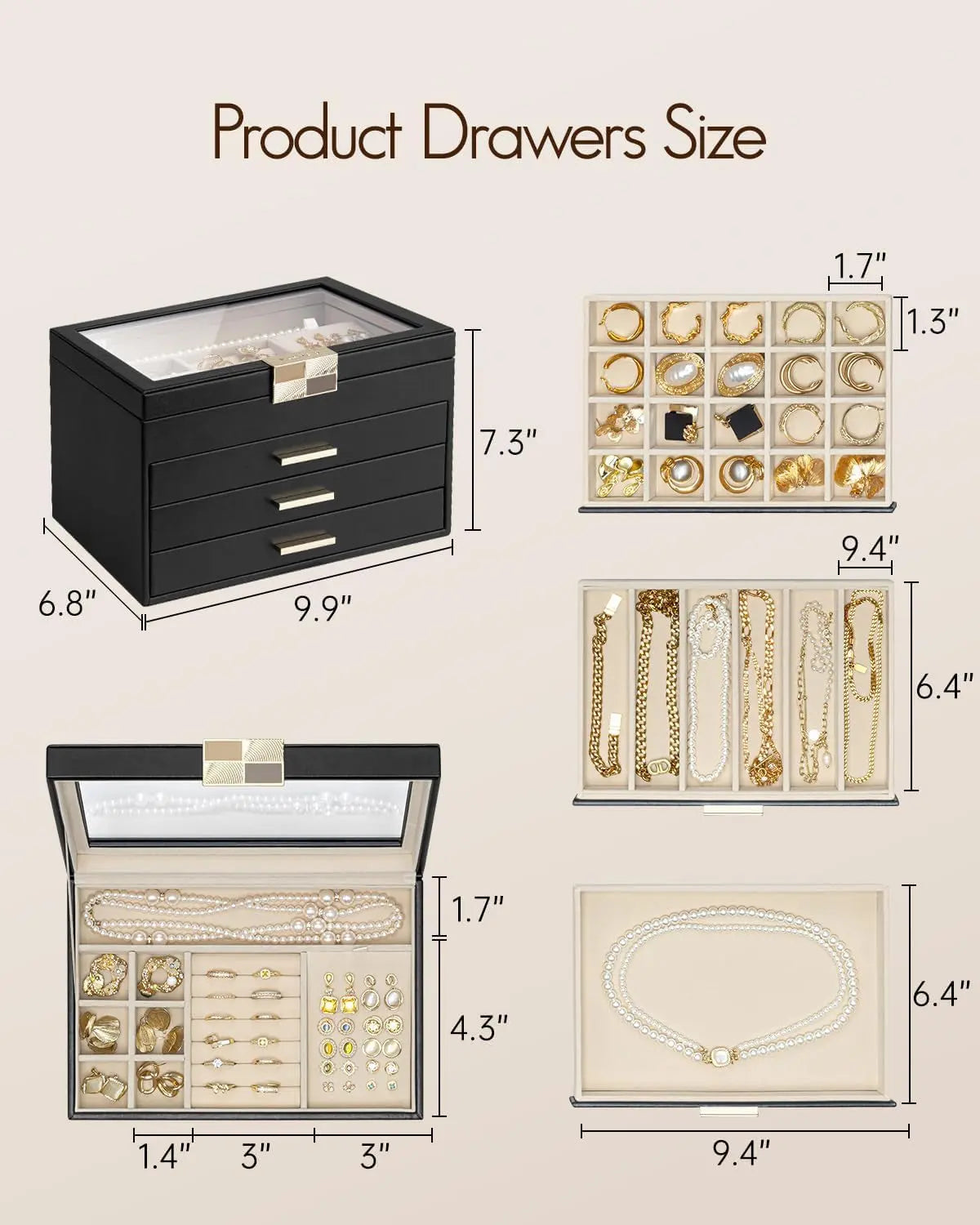 Jewelry Box Organizer for Women, 4-Layer Jewelry Storage Case with Glass Lid, Gold Handle, 3 Drawers for Rings, Earrings, Necklaces and Bracelets - Black