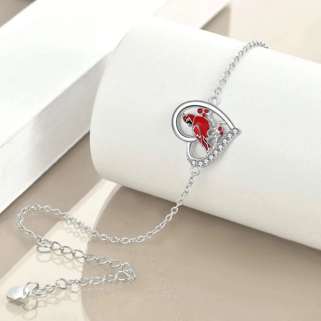 Red Cardinal Heart Shaped Zircon Sterling Silver Anklet – Romantic Jewelry Gift NP Collection