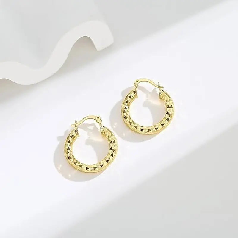 14K Gold Hoop Earrings Wrinkle Texture Chunky Hoops 