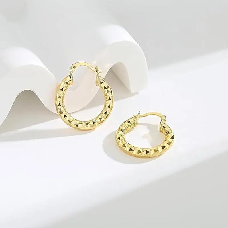 14K Gold Hoop Earrings Wrinkle Texture Chunky Hoops 