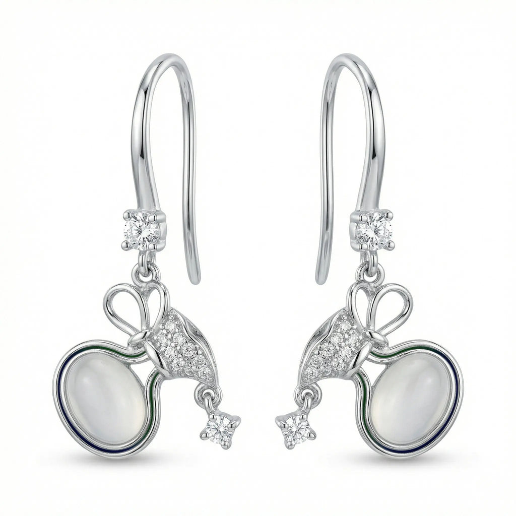 925 Sterling Silver Elegant Silver Bow Drop Earrings with Milky Moonstones and Sparkling Accents