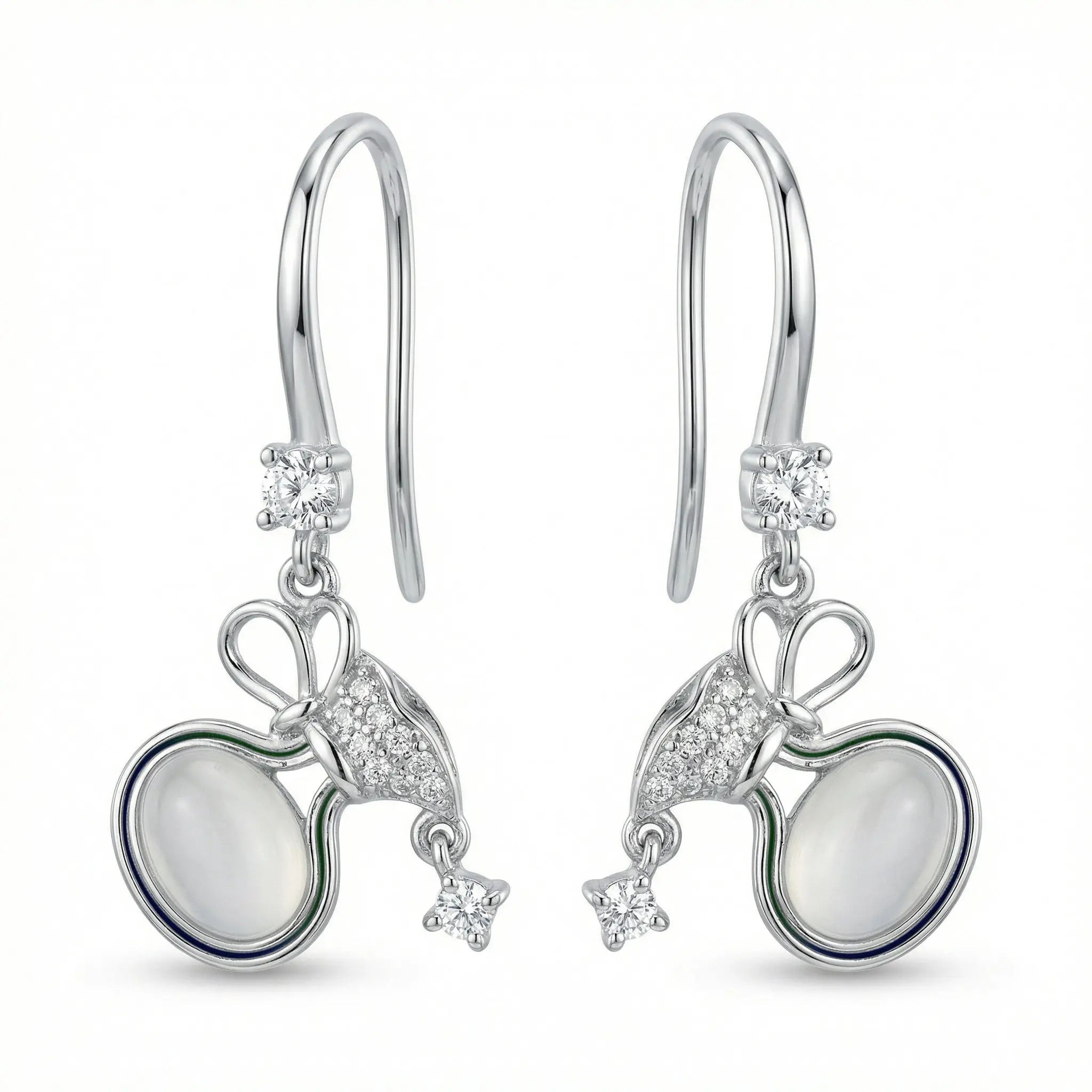 925 Sterling Silver Elegant Silver Bow Drop Earrings with Milky Moonstones and Sparkling Accents