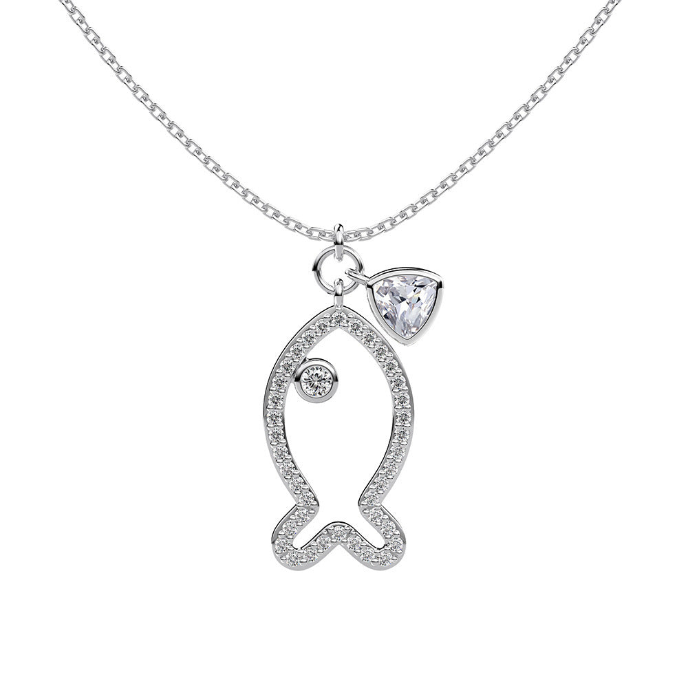 New S925 Sterling Silver Necklace Female Hollow Fish Shape Zircon Personality All-match