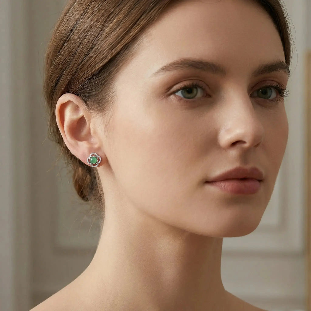 925 Sterling Silver Elegant Green Jadeite Clover Stud Earrings with Sparkling White Accents in Polished White Metal NP Collection