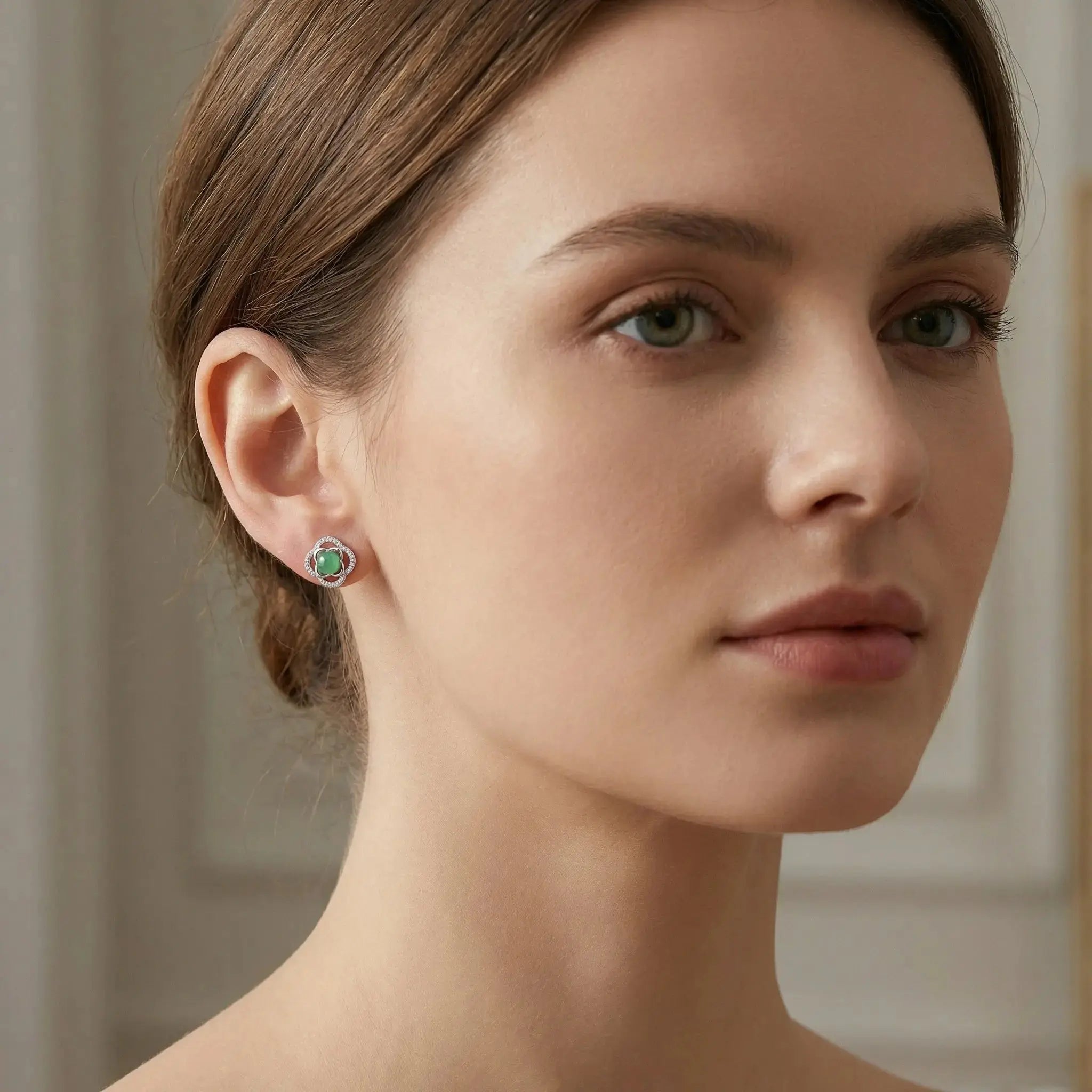 925 Sterling Silver Elegant Green Jadeite Clover Stud Earrings with Sparkling White Accents in Polished White Metal NP Collection