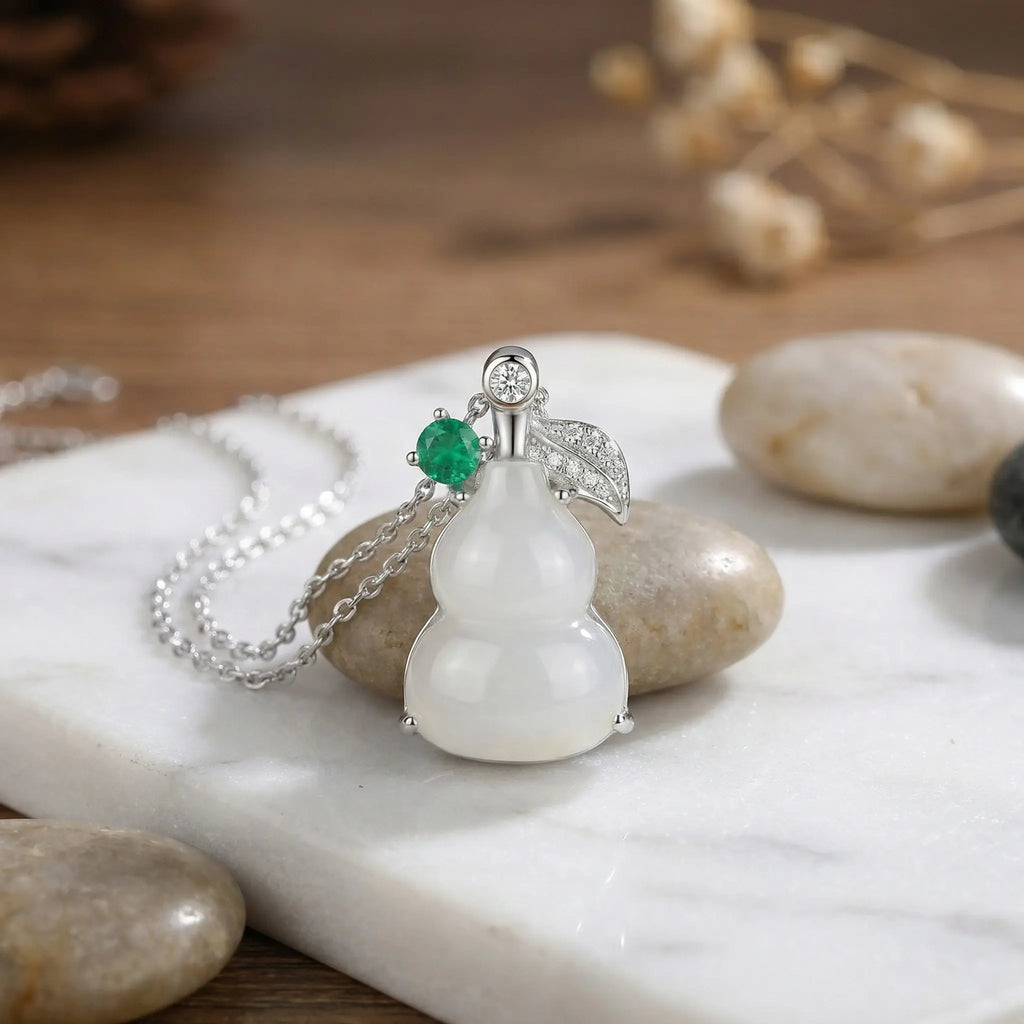 925 Sterling Silver Elegant Translucent White Hulu Pendant Necklace with Emerald and Diamond Accents NP Collection