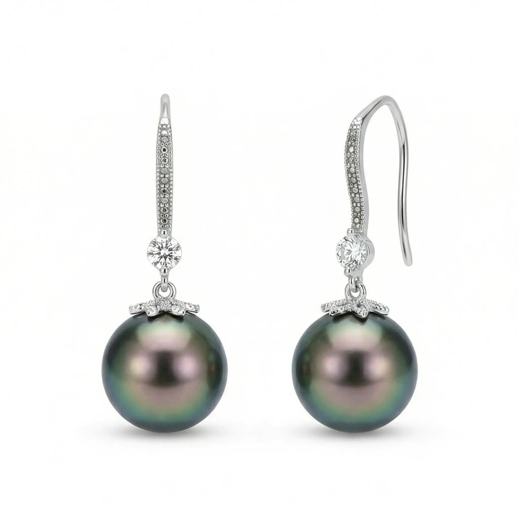 925 Sterling Silver Sophisticated Tahitian Black Pearl Drop Earrings with Shimmering Accents in Elegant Silver Tones