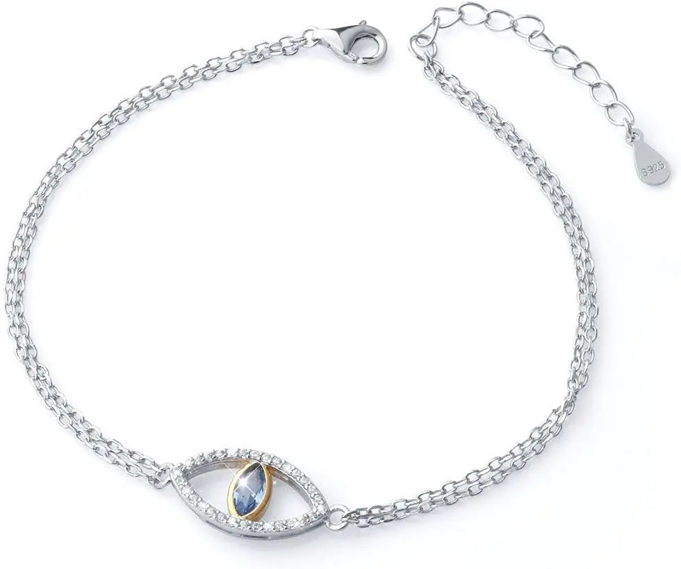 925 Sterling Silver Double Strand Cubic Zirconia Evil Eye Bracelet 