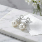 925 Sterling Silver Elegant White Pearl Drop Earrings with Pave Diamond Geometric Links NP Collection