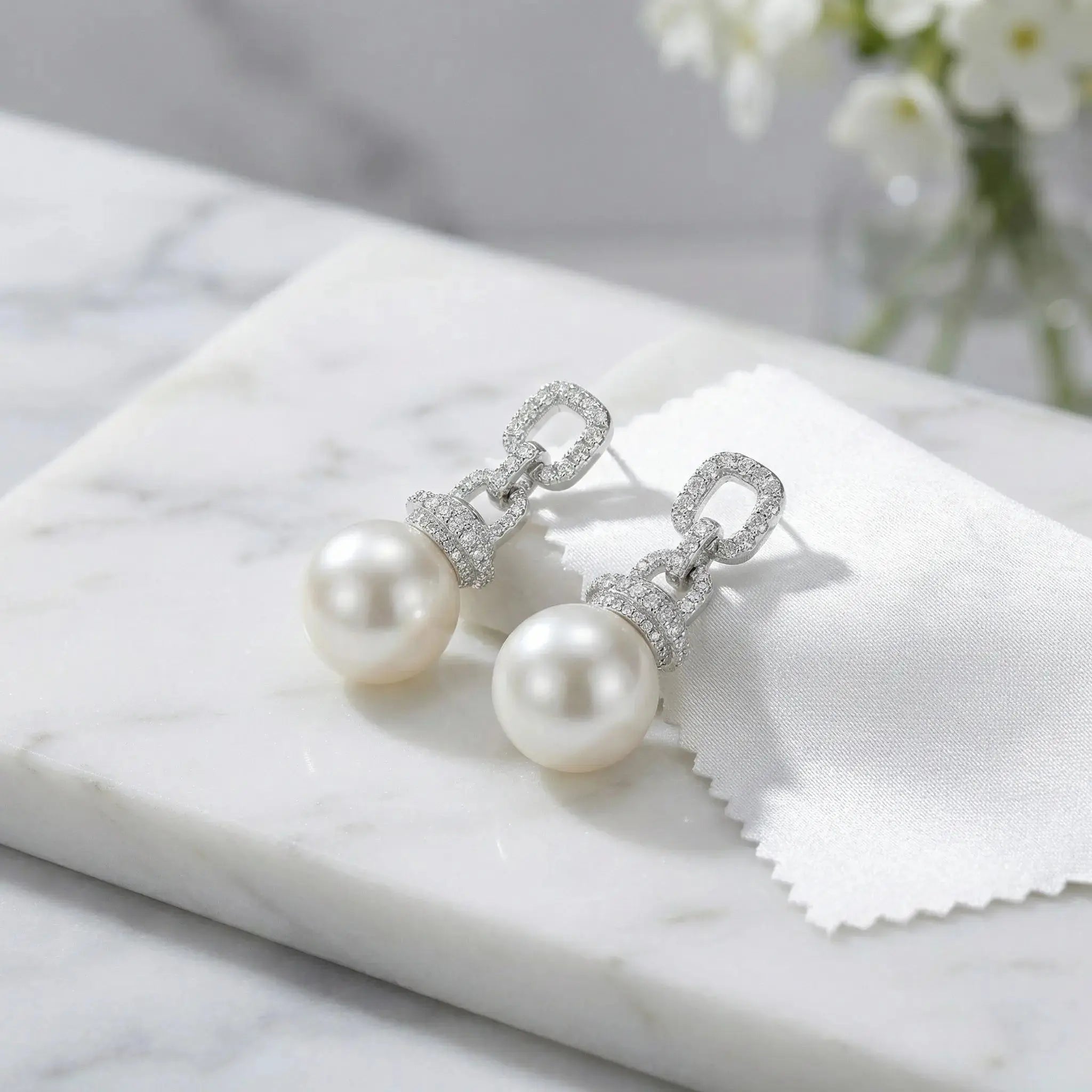 925 Sterling Silver Elegant White Pearl Drop Earrings with Pave Diamond Geometric Links NP Collection