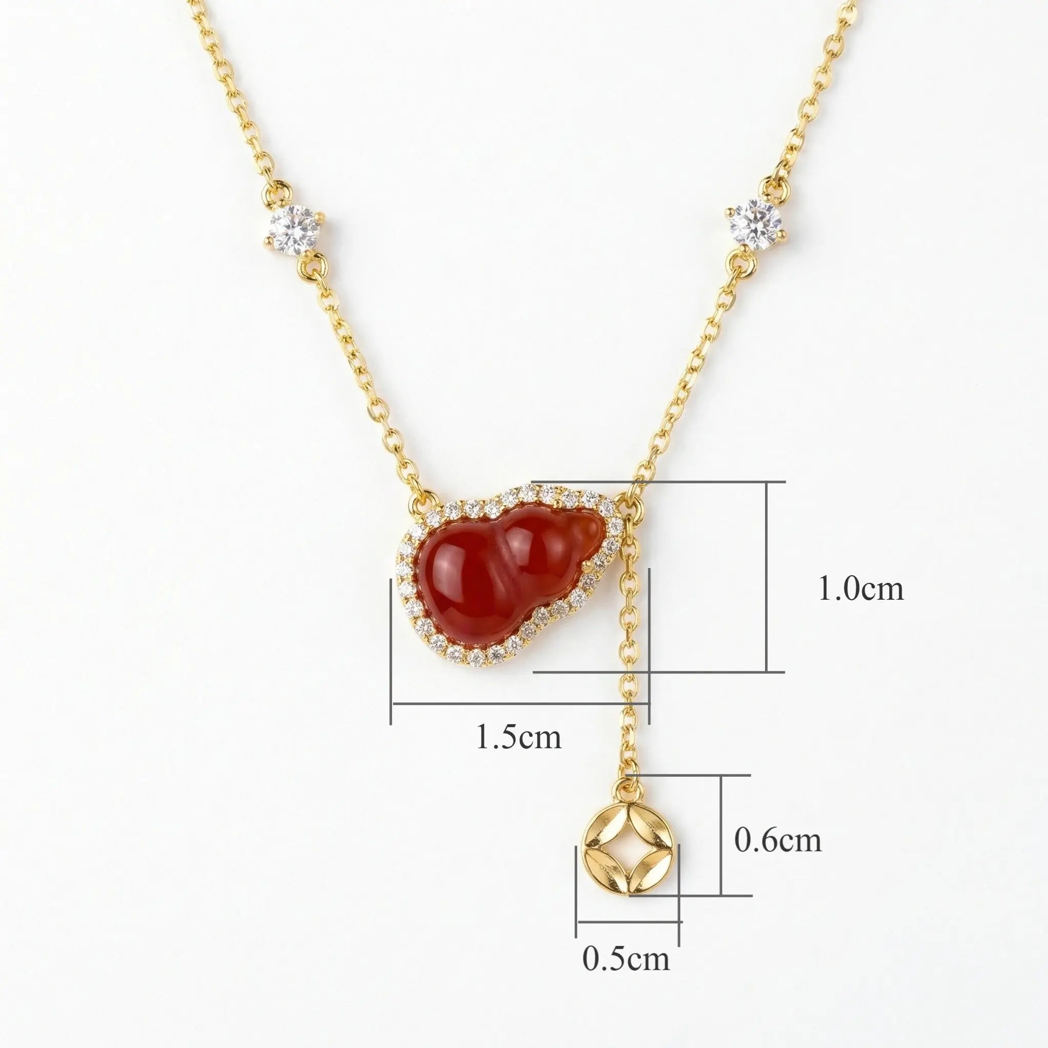 925 Sterling Silver Elegant Red Carnelian Hulu Pendant Necklace with Shimmering Accents and Coin Charm NP Collection