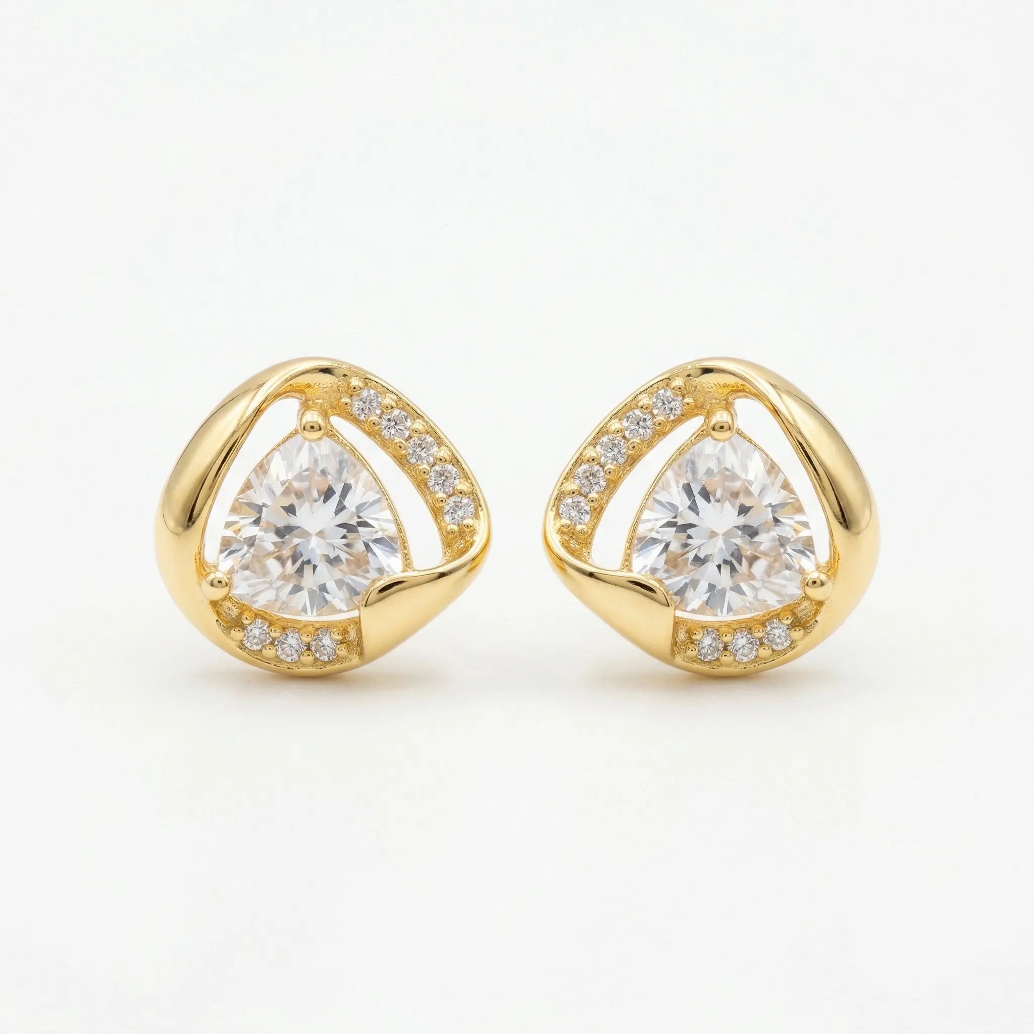 925 Sterling Silver Contemporary Trillion-Cut Stud Earrings Featuring Brilliant Pavé-Set Accents