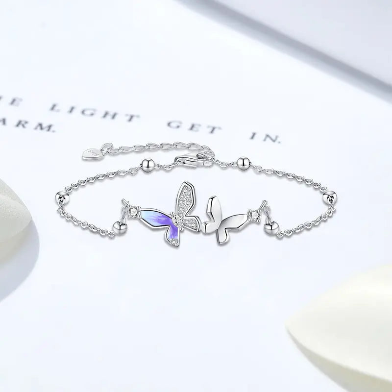 S925 Sterling Silver Forest-Style Flower and Butterfly Bracelet NP Collection