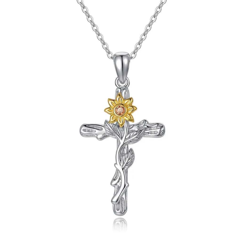 Cross Necklace 925 Sterling Silver Sunflower Pendant Necklaces Birthday Gifts Jewelry for Women Mom Daughter Wife