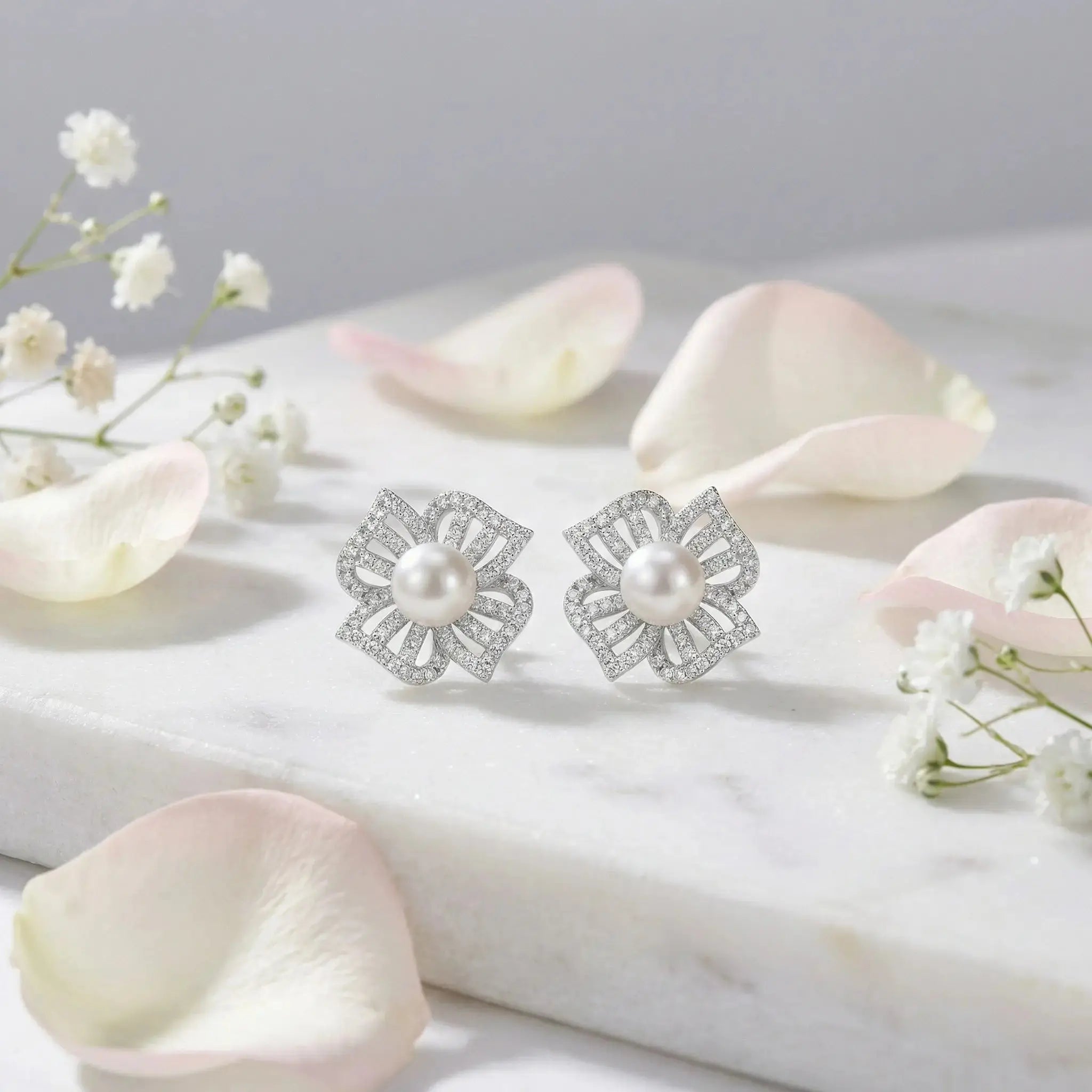 925 Sterling Silver Elegant White Pearl and Diamond Floral Stud Earrings NP Collection