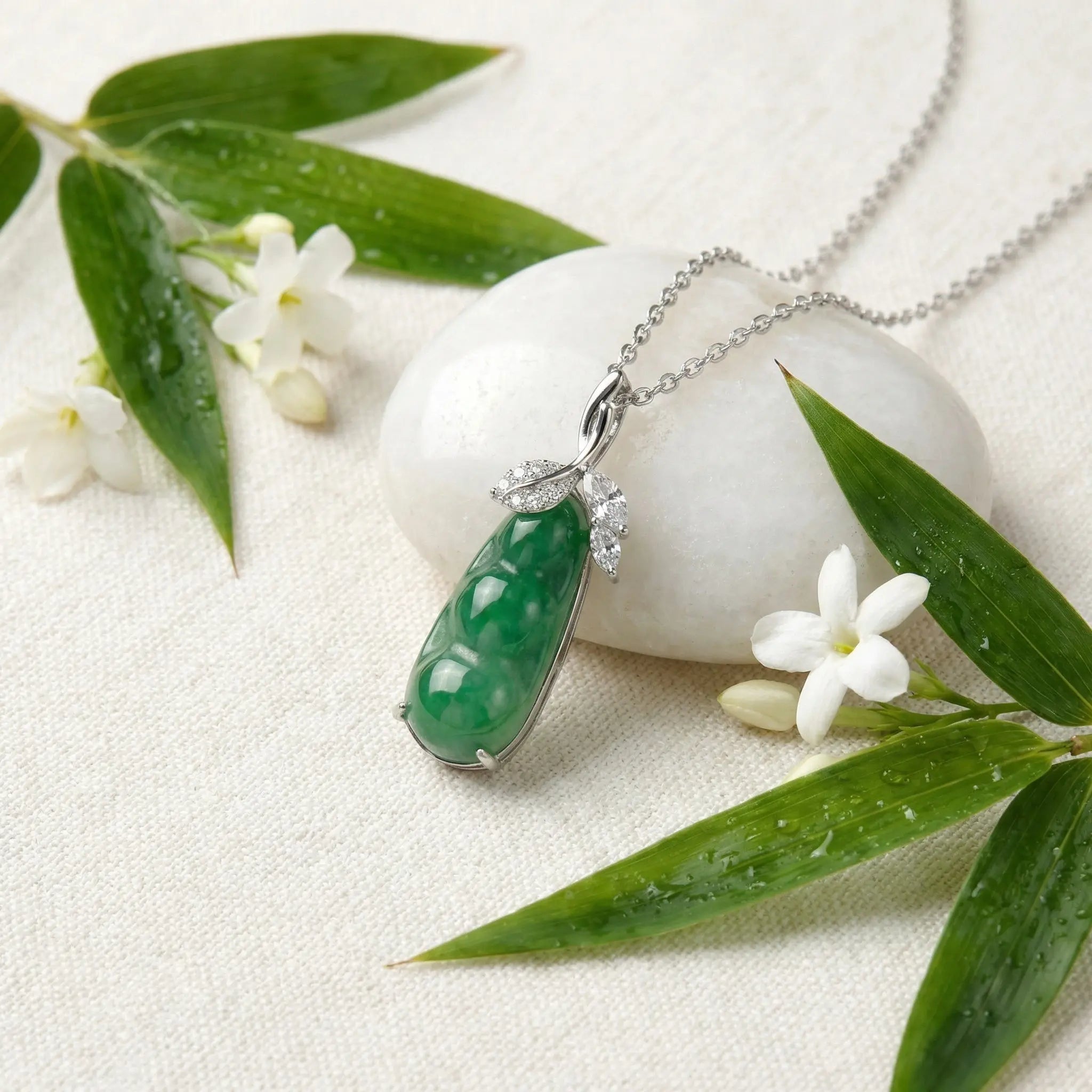 925 Sterling Silver Elegant Green Jadeite Pea Pod Pendant Necklace with Sparkling Accents NP Collection