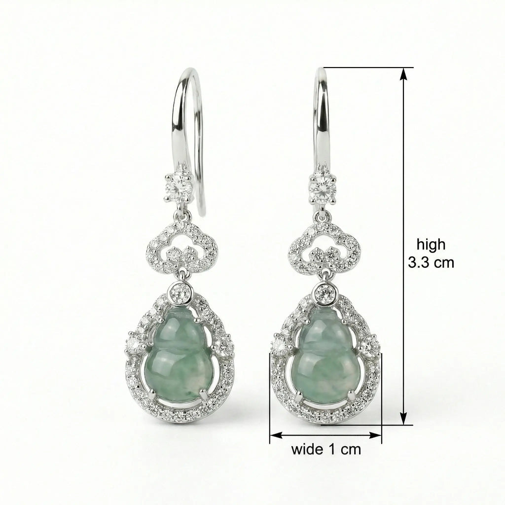 925 Sterling Silver Elegant Jadeite Gourd Drop Earrings with Shimmering Stone Accents in White Metal