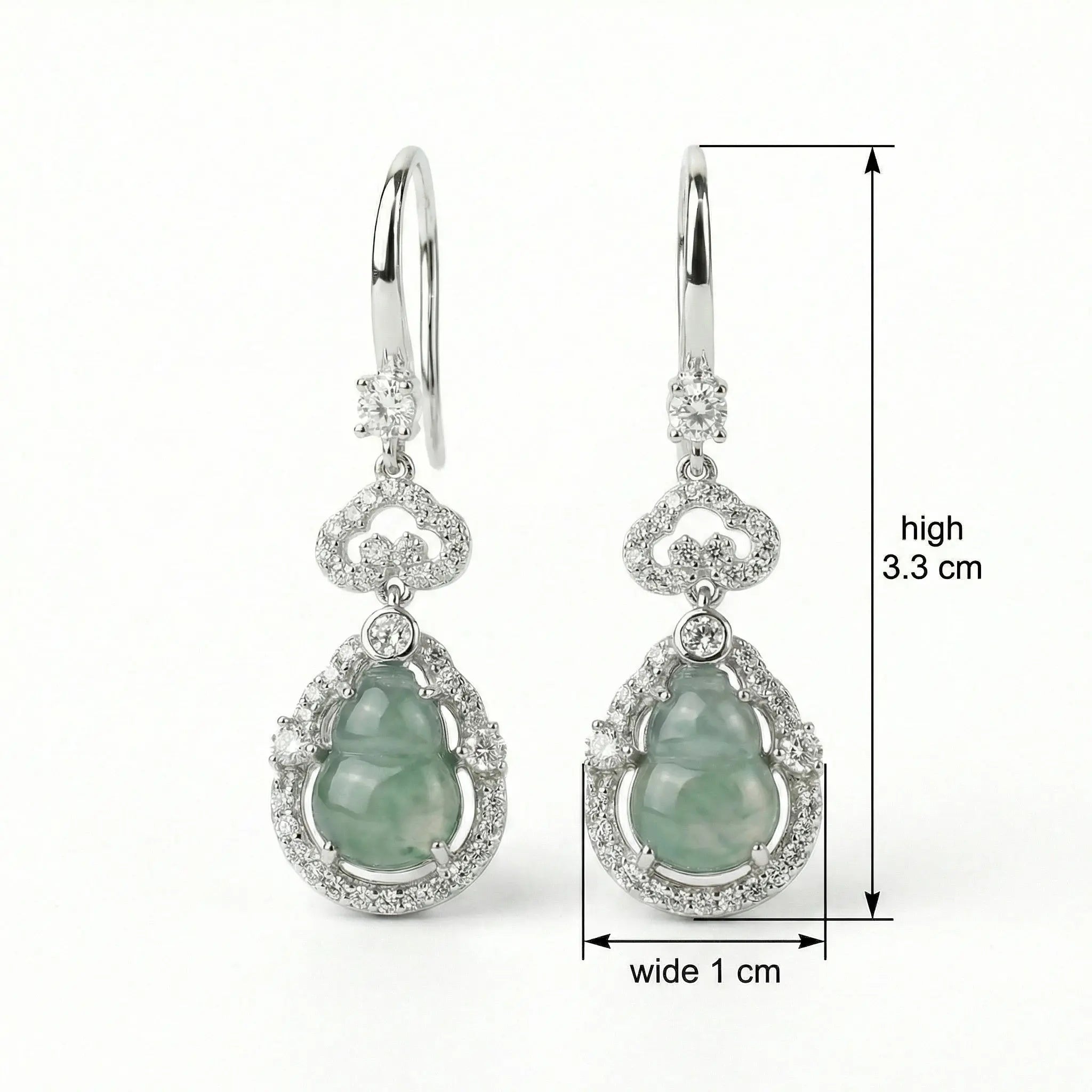 925 Sterling Silver Elegant Jadeite Gourd Drop Earrings with Shimmering Stone Accents in White Metal