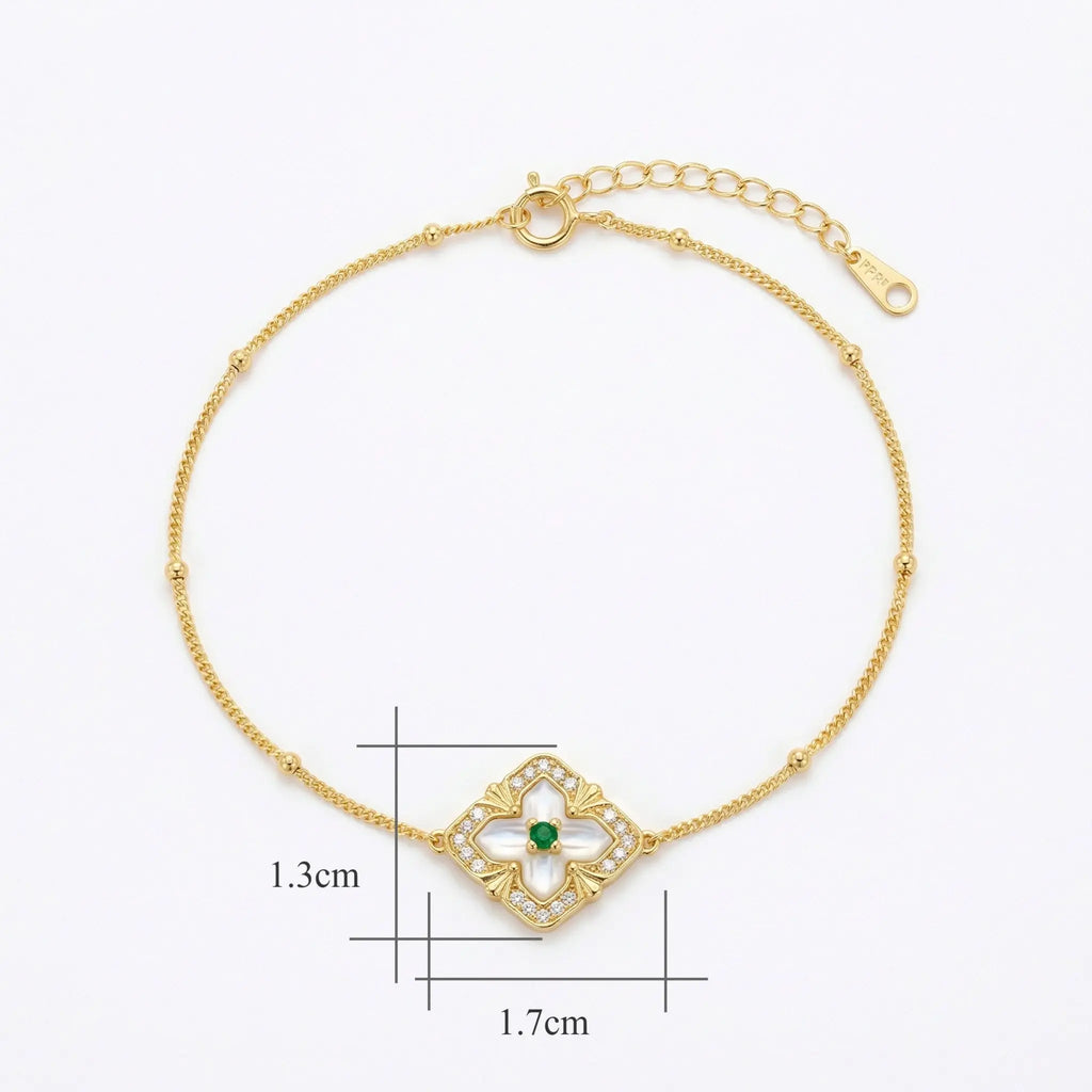 925 Sterling Silver Radiant Emerald and Mother of Pearl Quatrefoil Station Bracelet with Delicate Beading