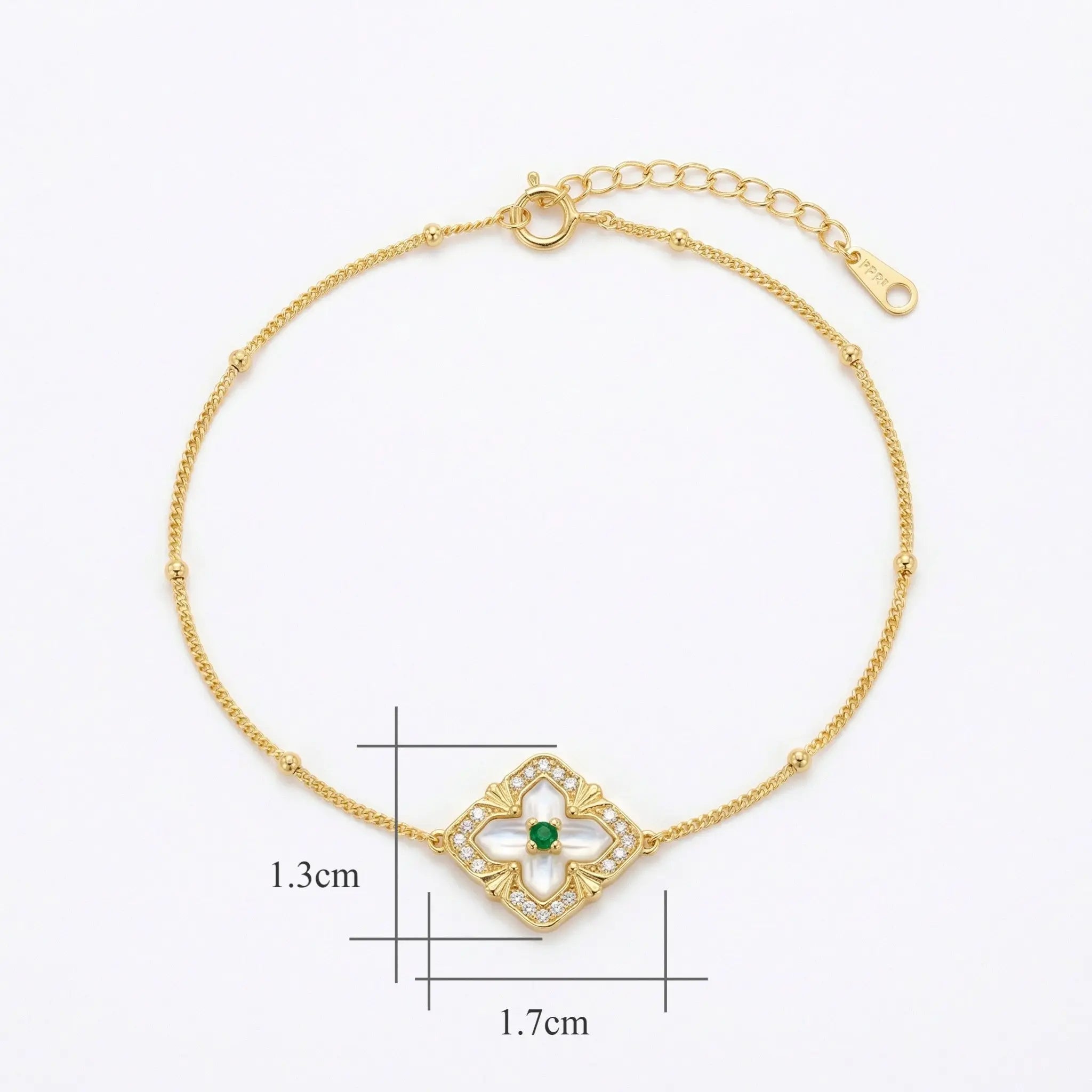 925 Sterling Silver Radiant Emerald and Mother of Pearl Quatrefoil Station Bracelet with Delicate Beading