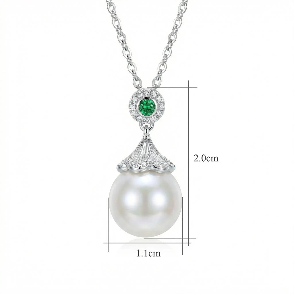 925 Sterling Silver Elegant White Pearl and Emerald Pendant Necklace with Sparkling Diamond Accents NP Collection