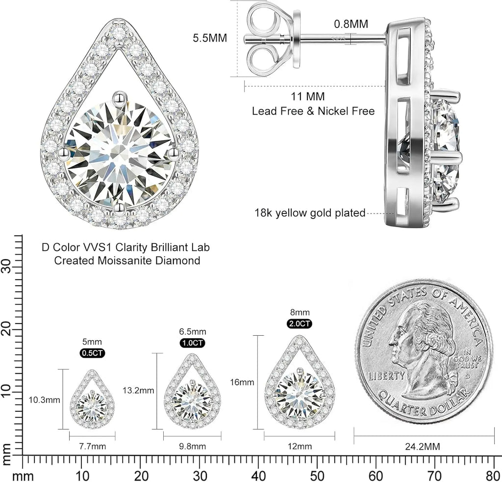 Moissanite Stud Earrings, 18K White Gold Vermeil, 925 Sterling Silver 1.0Ct 
