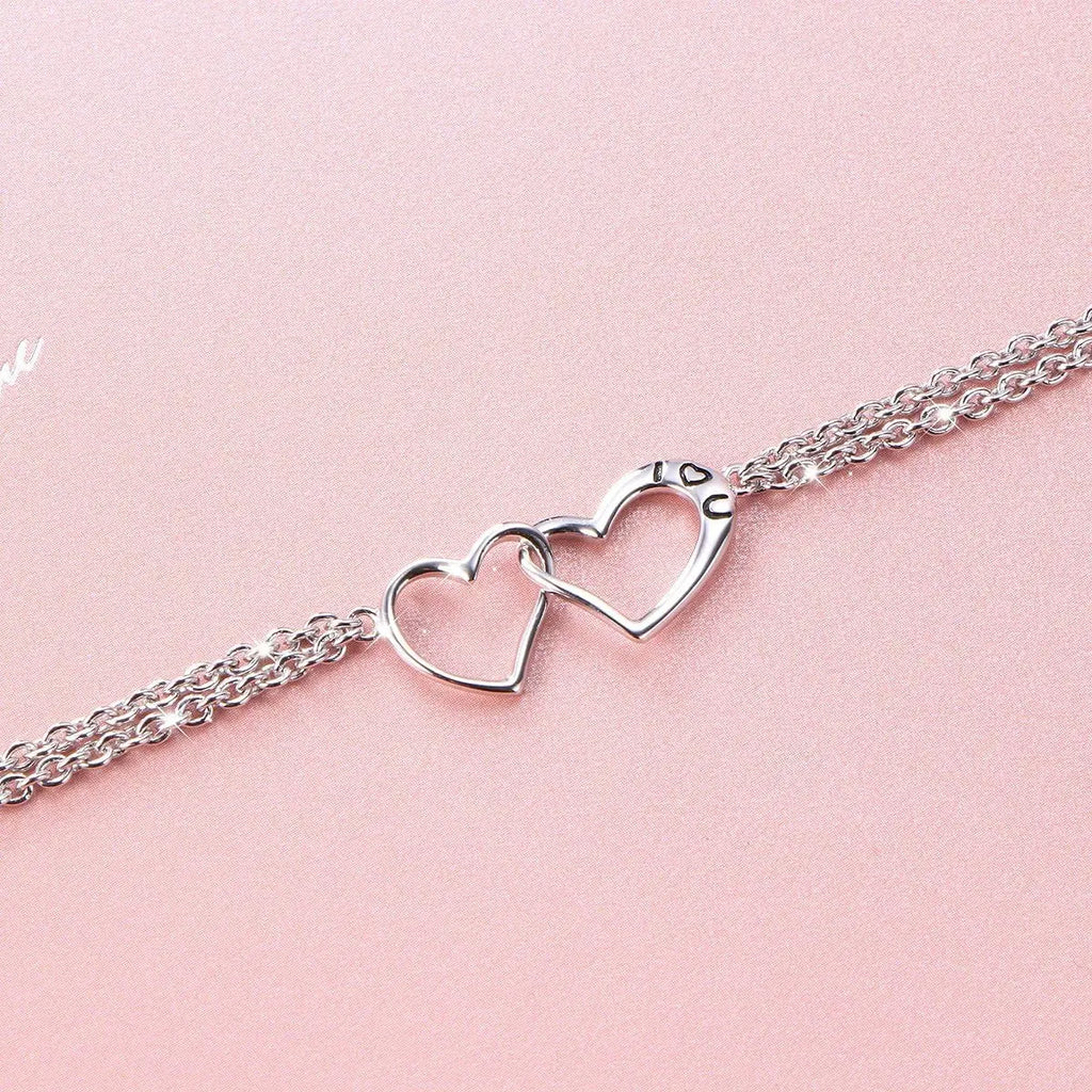 S925 Sterling Silver I Love U Forever Love Heart Double Chain Bracelets