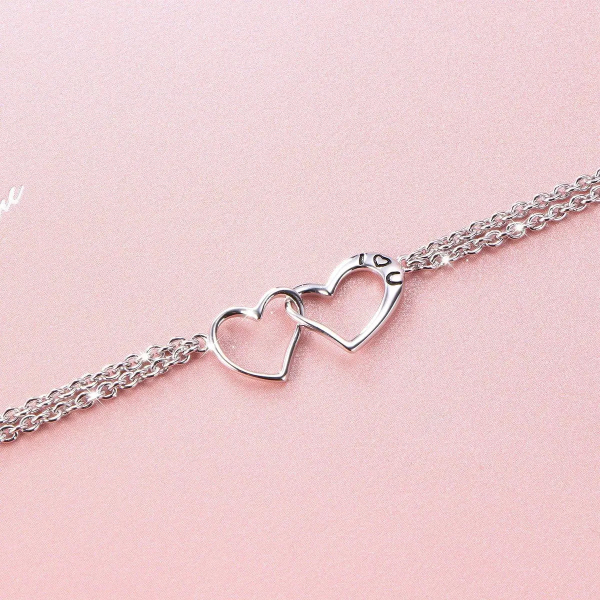 S925 Sterling Silver I Love U Forever Love Heart Double Chain Bracelets