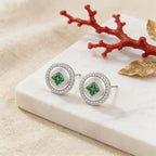 925 Sterling Silver Elegant Round Green Gemstone Stud Earrings with Sparkling Halo