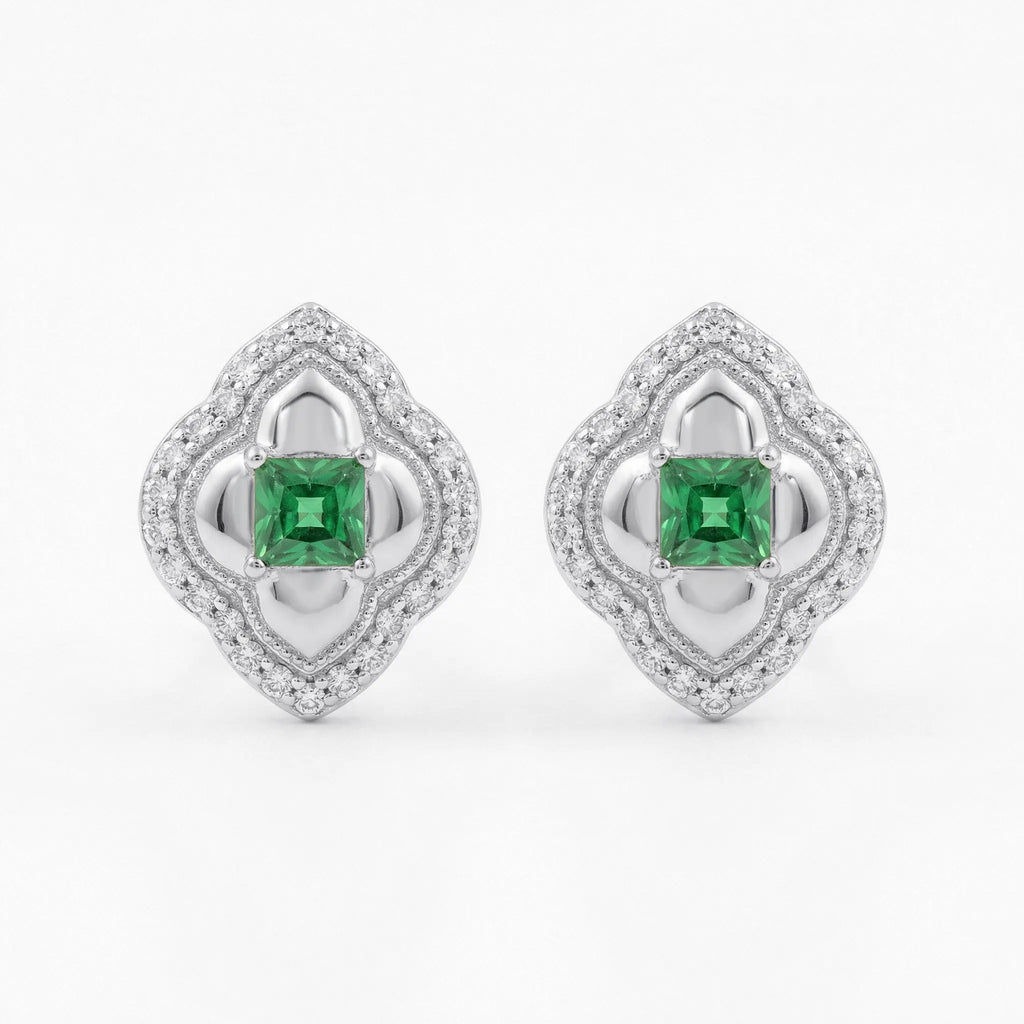 925 Sterling Silver Elegant Emerald and CZ-Encrusted Rose-Toned Quatrefoil Halo Stud Earrings