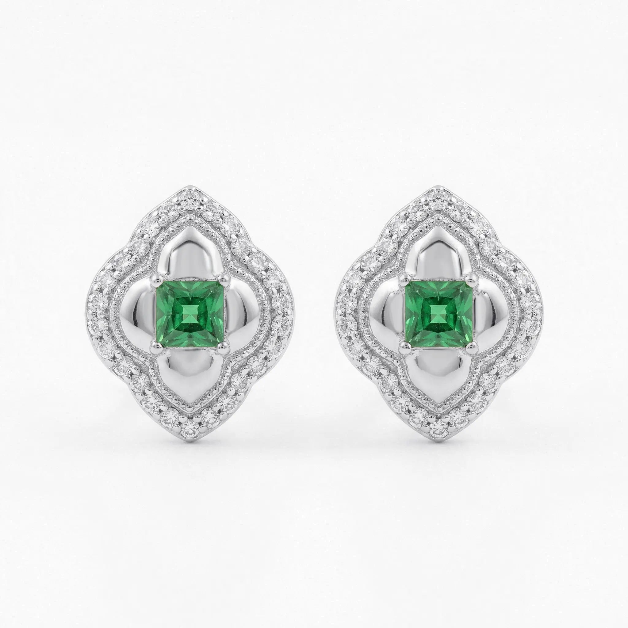 925 Sterling Silver Elegant Emerald and CZ-Encrusted Rose-Toned Quatrefoil Halo Stud Earrings
