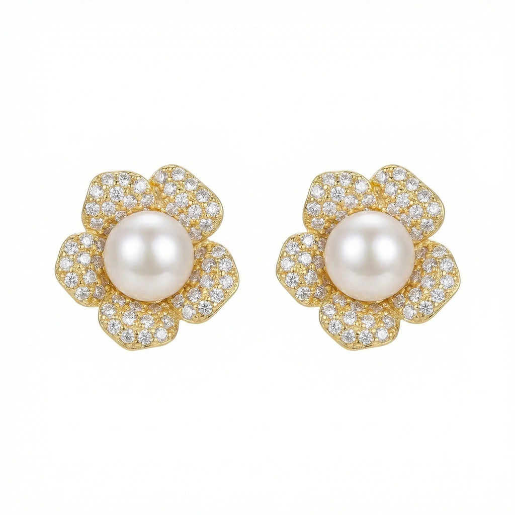 925 Sterling Silver Elegant Flower-Shaped Cultured Pearl and Sparkling Cubic Zirconia Stud Earrings NP Collection